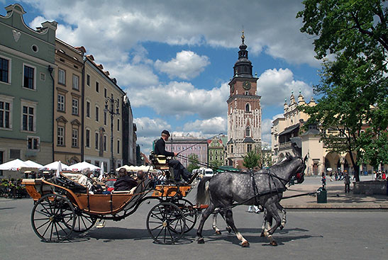 Horse-drawn carriages at the Main Market Square, Krakow