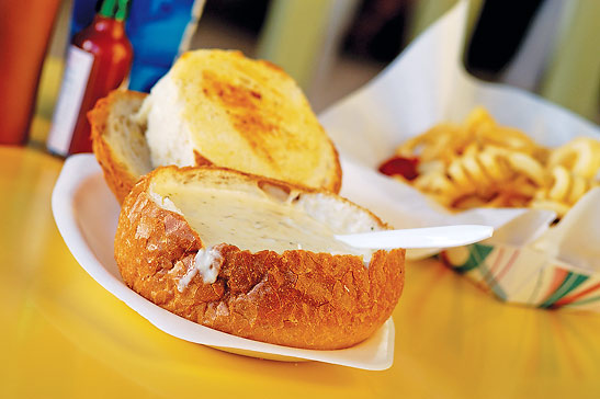 clam chowder bread bowl at Pismo Beach