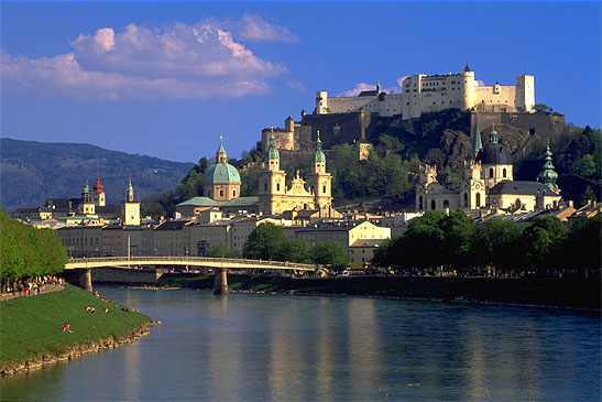 Salzburg: view of the old town and fortress with the River Salzach in the foreground