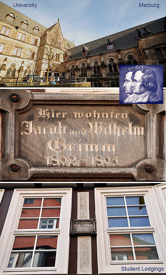 top: university in Marburg where the Brothers Grimm went to school; center: portrait (inset) and signage of the Brothers Grimm; bottom: student lodgings at Marburg university