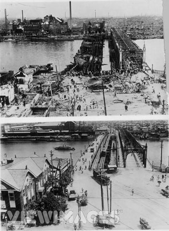 top: Tokyo in ruins; bottom: Tokyo reconstructed
