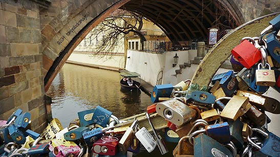 'love locks' on the railings above Certovka or Little Venice