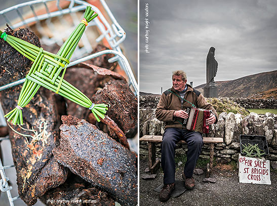 handwoven St. Brigid's Crosses for sale and vendor playing a squeezebox