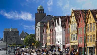 brightly painted character houses at the harbor front area of Bergen