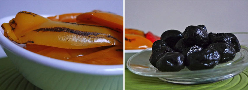 roasted olives and grilled red peppers