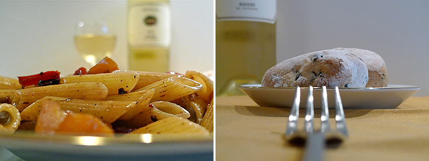 cooked Penne Peppered Pranzo and artisan black olive bread