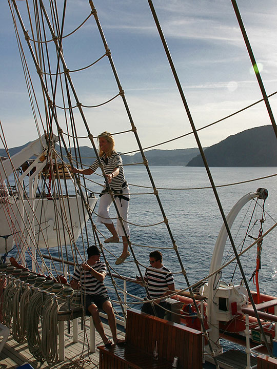 climbing the mast to the crow's nest on the Royal Clipper