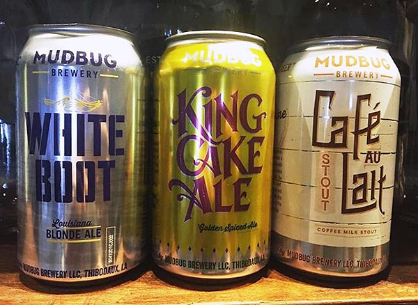 Mudbug Brewery products: Cafe Au Lait beer, White Boots Ale and King Cake Ale