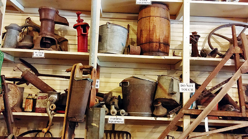 old objects on a shelf at the the Laurel Valley Village and general store, Lafourche Parish