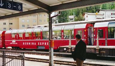 Bernina Express train at St. Moritz, Switzerland