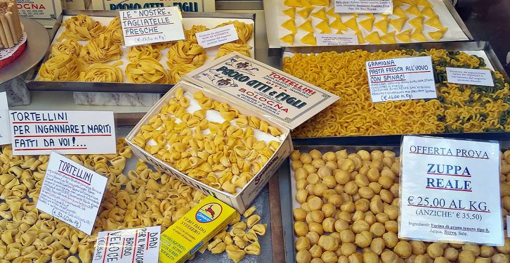 different types of pasta on display in Bologna