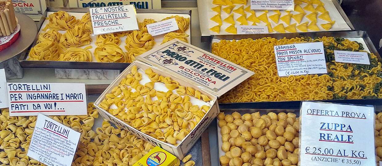different types of pasta on display in Bologna