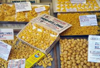 different types of pasta on display in Bologna