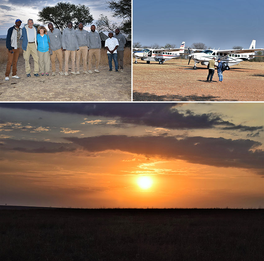 the writer and his wife with Serengeti hosts, at the Kogatende airstrip and Tanzanian sunset