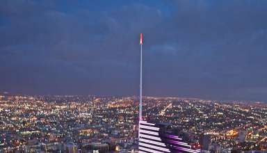 aerial view of the Wilshire Grand Center at night
