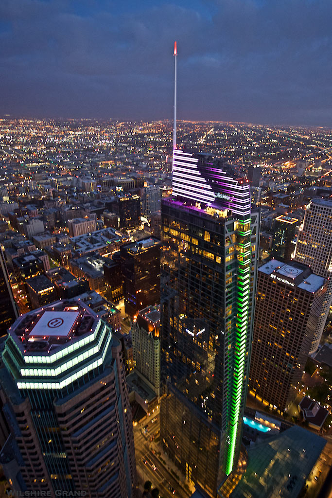 aerial view of the Wilshire Grand Center at night