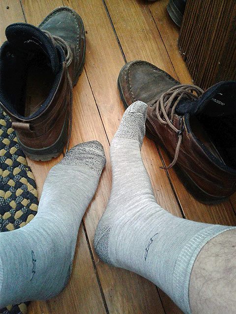 trying on a pair of Magic Socks