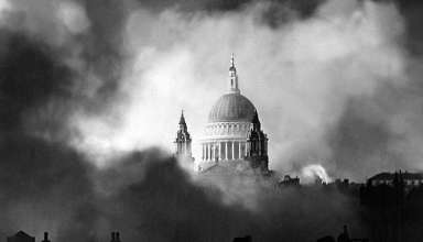 St Pauls Cathedral surrounded by fire and smoke after a Luftwaffe bombing raid in World War 2