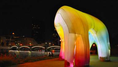 the inflatable sculpture “Light Cave” at Ah-Nab-Awen Park on the Grand River, at night