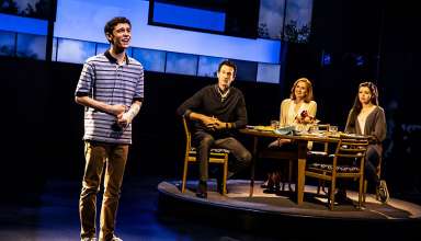 Ben Levi Ross as Evan Hansen, Aaron Lazar as Larry Murphy, Christiane Noll as Cynthia Murphy, and Maggie McKenna as their daughter Zoe
