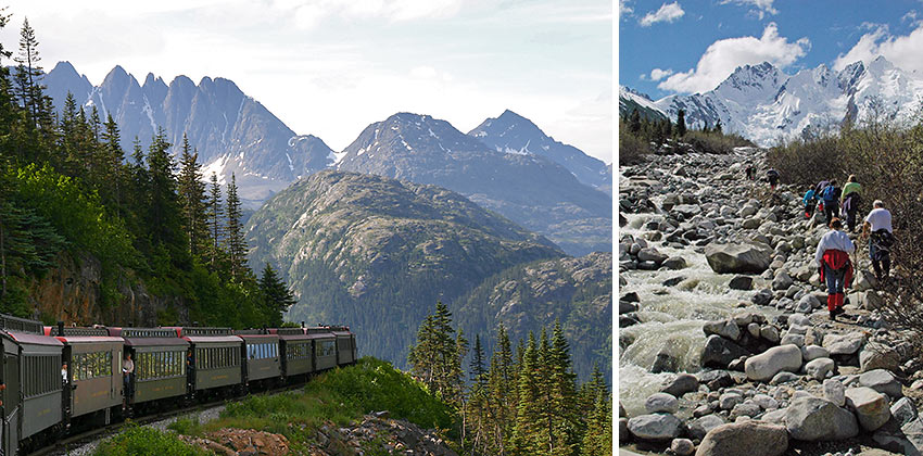 the White Pass & Yukon Route railway and trekkers on the Dead Horse Trail