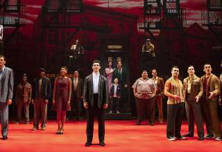 the entire cast of the National Touring Production of “A Bronx Tale” on stage at the Pantages Theatre