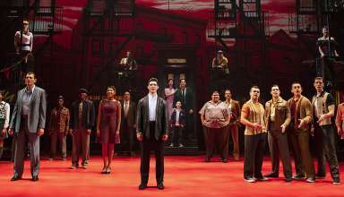 the entire cast of the National Touring Production of “A Bronx Tale” on stage at the Pantages Theatre