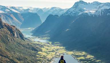 view of Norway's fjord country from atop Mount Hoven