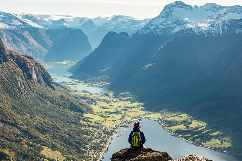 view of Norway's fjord country from atop Mount Hoven