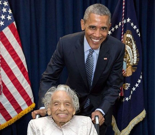 Tulsa Race Riot survivor Olivia Hooker with then President Barack Obama in 2015