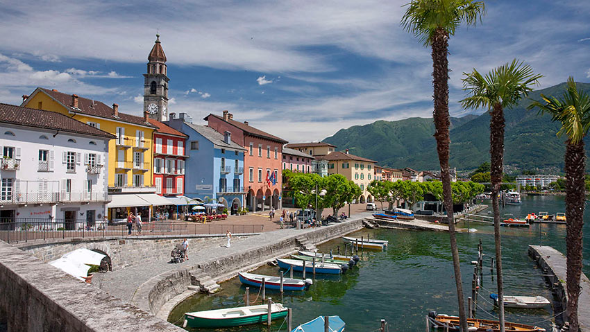 colorful Mediterranean-style buildings along a promenade in Ascona
