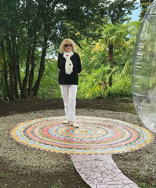 writer at the large Mandala at the end of Chiara’s Rainbow