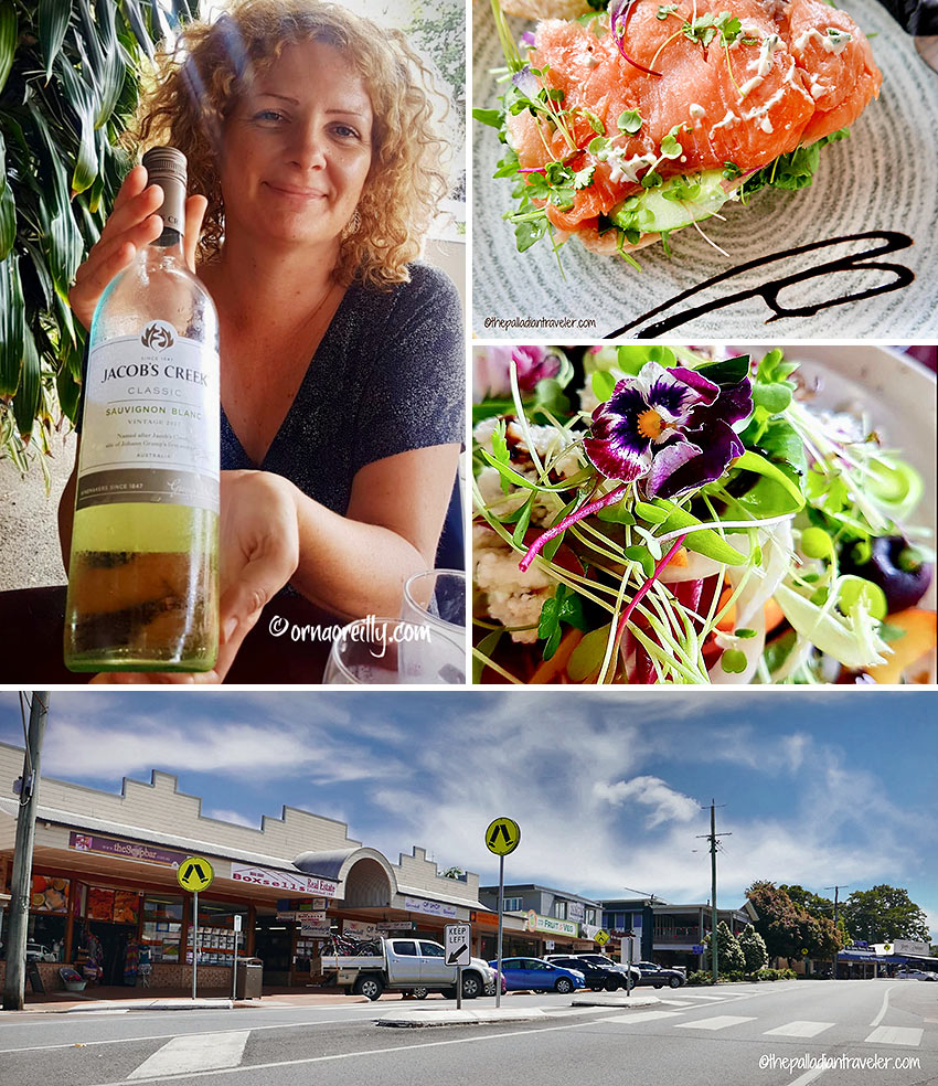 smoked salmon panino, bush tucker salad and wine at Sarah’s Unplugged, Maleny