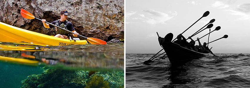 Clay Downing kayaking at Scorpion Harbor and Chumash paddling out to the Channel Islands