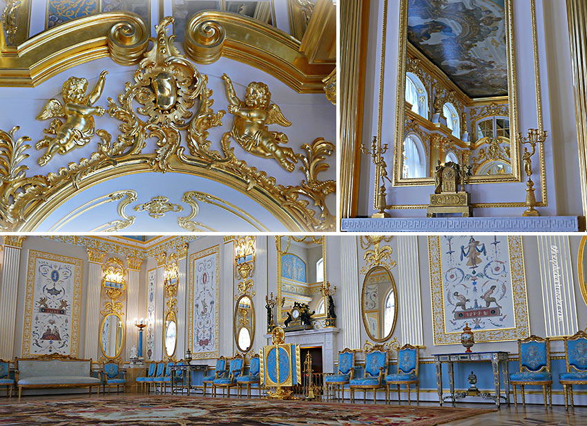 the Great Hall with its gilded stucco decoration and the Blue Room, Catherine Palace