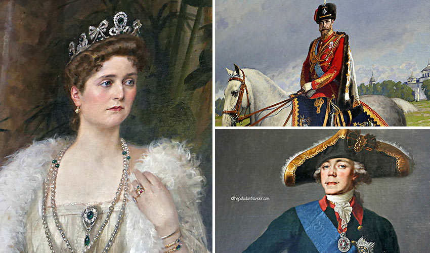 portraits of Empress Alexandra, Tsar Nicholas II and Emperor Paul I