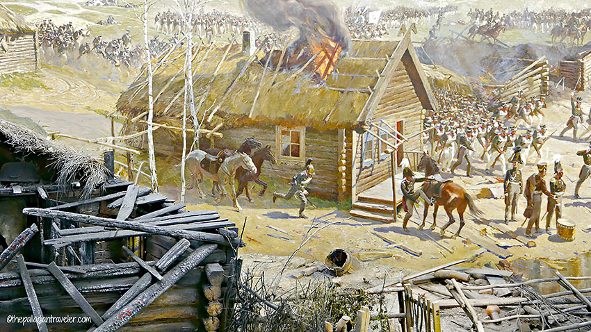painting of burning hut at the Battle of Borodino