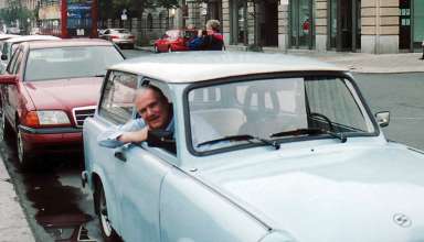 writer John Clayton in a Trabant