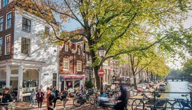 bikes near a canal in Amsterdam