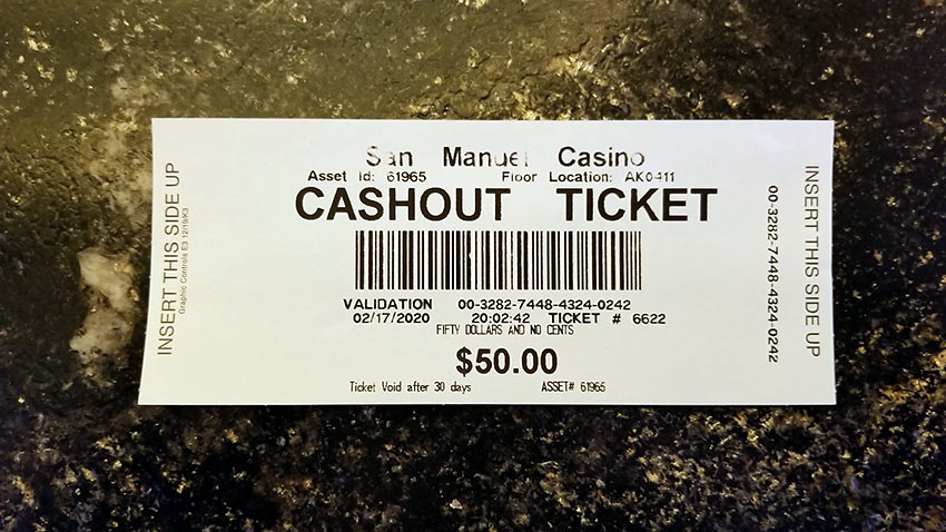 writer's cash out ticket from San Manuel Casino slot machine