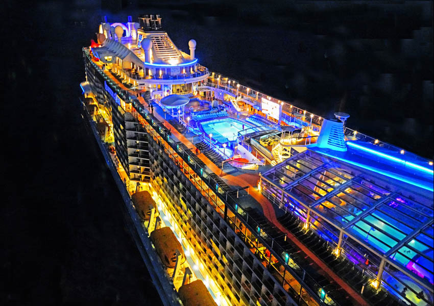 Royal Caribbean mega-cruise ship Quantum of the Seas at night
