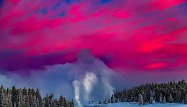 geyser at Yellowstone National Park in winter