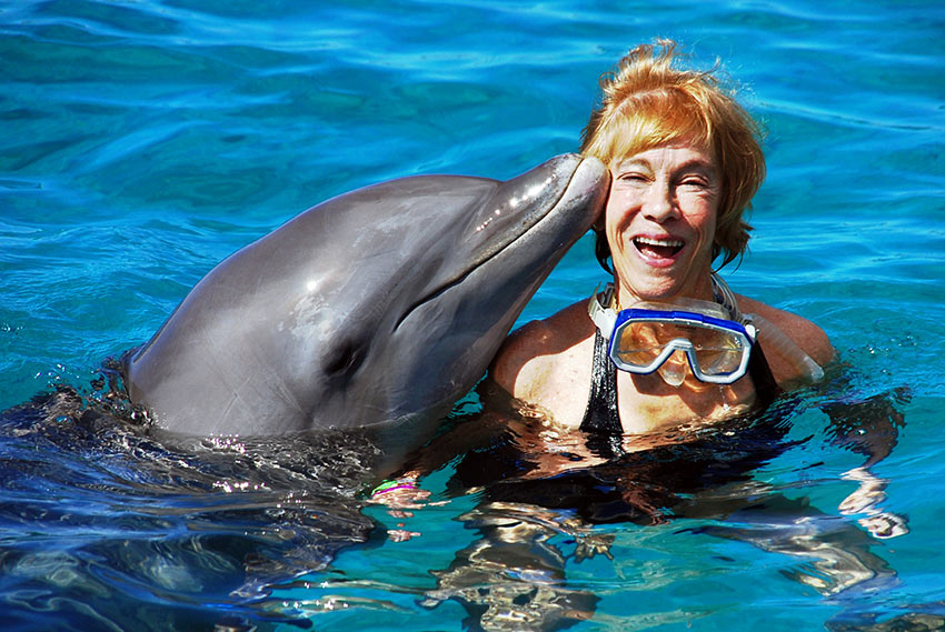 dolphin kissing writer at the Sea Aquarium, Curacao