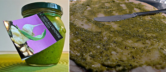 Pesto Genovese spread on piadina over cheese