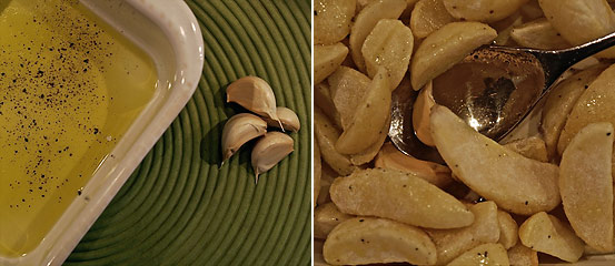 olive oil, garlic cloves and pre-packaged cubed roasting potatoes with rosemary