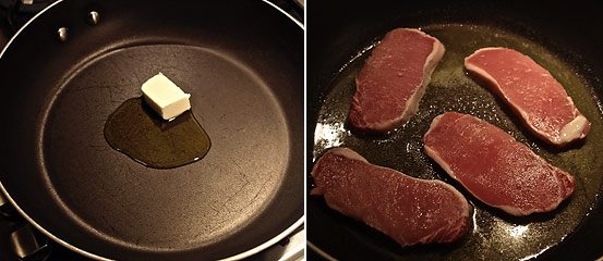 olive oil, butter and pork loin chops on skillet; rig
