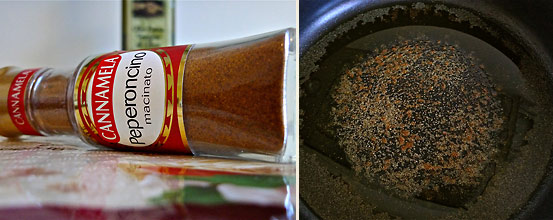 peperoncino and skillet with olive oil and garlic-red pepper powders