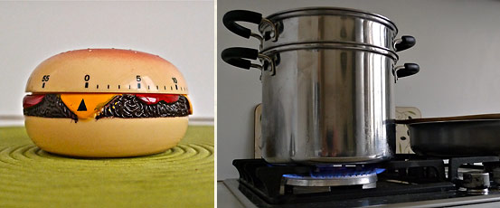 left: kitchen timer; right: pasta pot on stove