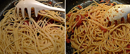 left: cooked spaghetti darined and placed in skillet; right: sauteing spaghetti in skillet